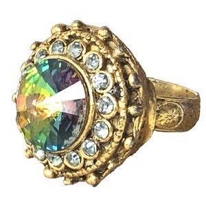 Vintage Watermelon Rivoli Rhinestone Cocktail Ring Size 6 Adjustable 1960s Regal